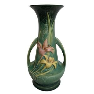 VTG 40s Roseville Pottery Zephyr Lily Evergreen # 146 12 Inch Double Handle Vase